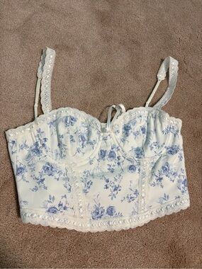 Garage Floral Lace Trim Bustier Crop Top - Blue & White